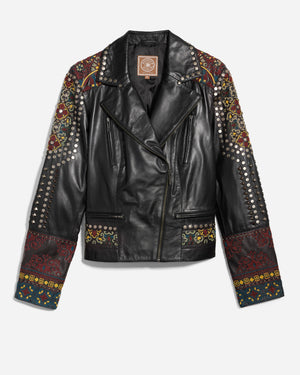 Tibetan Base Zip Front Embellished Leather Jacket