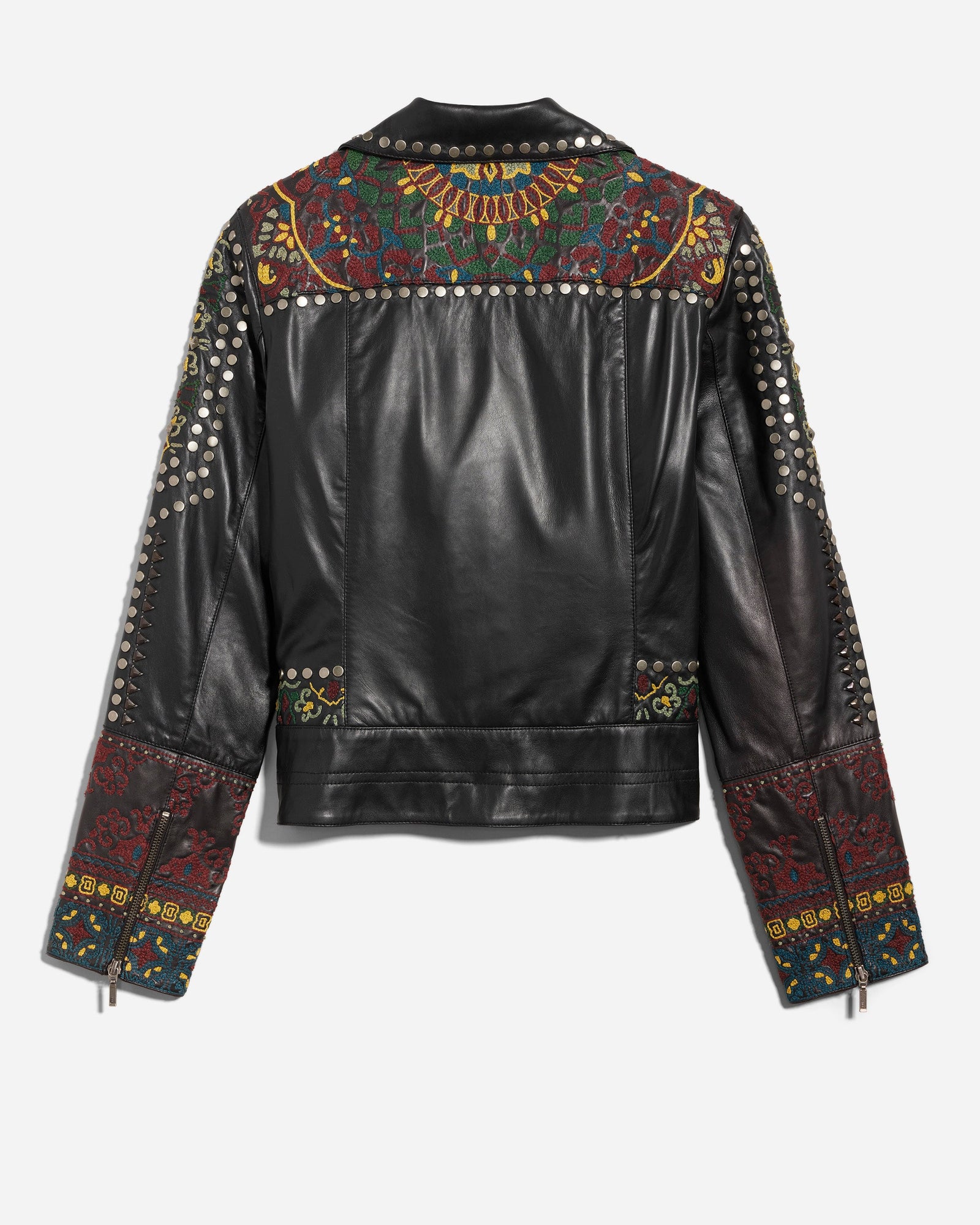 Tibetan Base Zip Front Embellished Leather Jacket